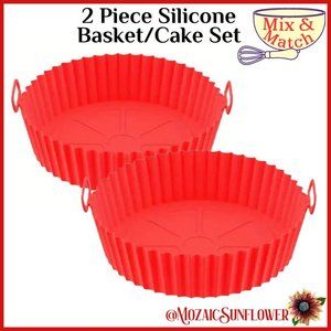 2 Piece Set BPA Free Silicone Baking or Air Fryer Pan Red Round